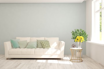 Stylish room in white color with sofa. Scandinavian interior design. 3D illustration