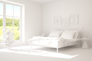 Stylish bedroom in white color with smmer landscape in window. Scandinavian interior design. 3D illustration