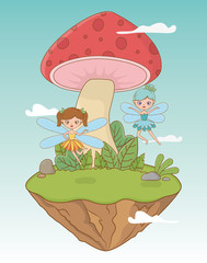 fairytale landscape scene with fungus and fairies