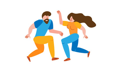 Dancing couple spend time together. Happy cartoon characters of people in 50s retro style. Romantic characters people activity illustration. Flat simple vector illustration.