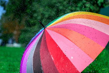 Bright rainbow umbrella on a grass during summer rain
