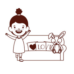 cute little girl baby in living room with rabbit toy character