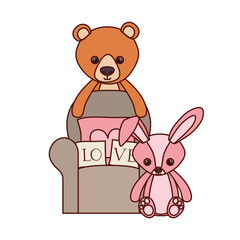 cute bear and rabbit stuffed baby toys in livingroom