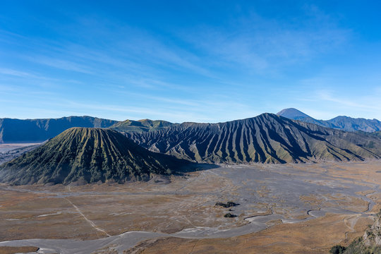 The bromo volcano on java in indonesia during the sunrise.