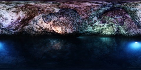 Dungeon, cave, underground lake. HDRI, environment map , Round panorama, spherical panorama, equidistant projection, panorama 360