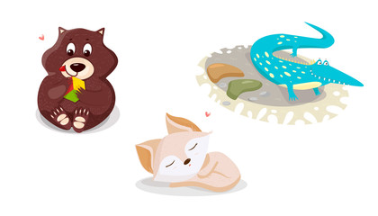Fototapeta premium vector childlike set of some cute cubs - a fennec, a crocodile, and a wombat.