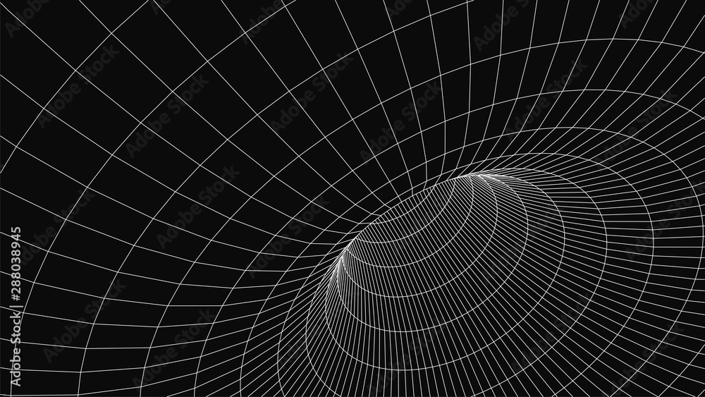 Poster Wireframe 3D tunnel. Perspective grid background texture. Meshy wormhole model. Vector Illustration.