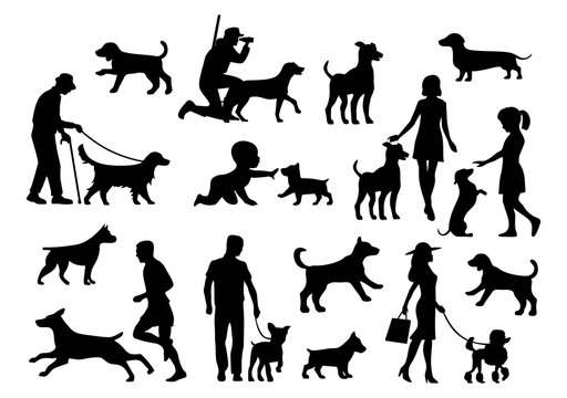 Set dog and people silhouette. Vector black flat icon