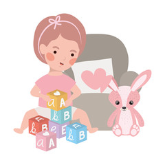 cute little girl baby with rabbit stuffed in sofa character