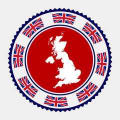 United Kingdom flat stamp. Round logo with map and flag of United Kingdom. Vector illustration.