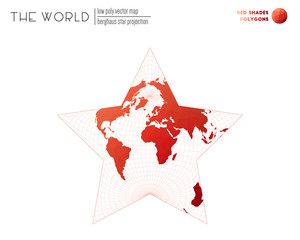 Polygonal map of the world. Berghaus star projection of the world. Red Shades colored polygons. Energetic vector illustration.