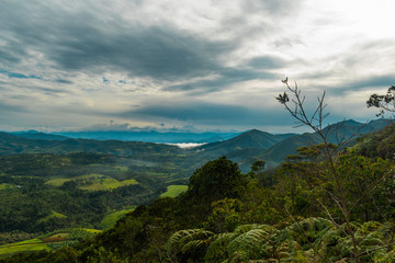 THE MOUNTAINOUS LANDSCAPE AT DAWN