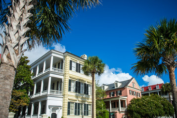 Brightly colored colonial architecture in the historical heart of the Battery neighborhood in...