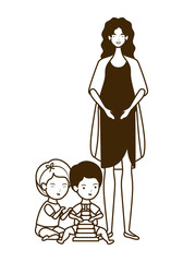 cute pregnancy mother with little kids characters