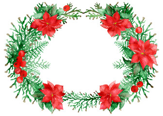 Watercolor hand painted christmas wreath with red flower poinsettia, green leaves and branches for invitations and greeting cards with the space for text