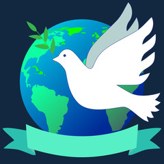 International day of Peace illustration. Dove of Peace fly against globe silhouette