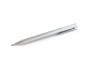 Side view of a ballpoint pen, isolated on a white background