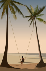 Sea ocean beach palm beautiful sunset sunrise girl on a swing vacation holidays summer amazing view impressions vector art