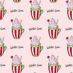 Watercolor hand drawn illustration of a cup of hot cocoa mulled wine glogg. Christmas cozy drink background set frame. For textile, gift paper, scrupbooking