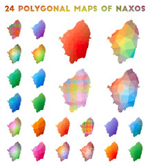 Set of vector polygonal maps of Naxos. Bright gradient map of island in low poly style. Multicolored Naxos map in geometric style for your infographics.