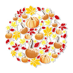 Autumn ornament on a white background in the shape of a pumpkin circle yellow leaves of wild grape chestnut red berries vector