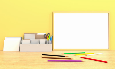 Desk with office supplies 3d rendering.