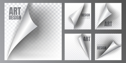 Vector illustration. The square format of the page flip template. 3d page turn concept. Set of leaves with shadows. Graphic elements for the design of emblems, advertising products and web pages