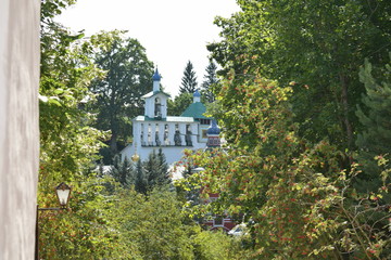 Obraz premium Church buildings away in trees