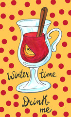 Watercolor hand drawn illustration of a cup of hot cocoa mulled wine glogg. Christmas cozy drink background set frame. For textile, gift paper, scrupbooking