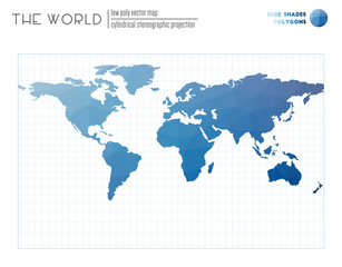 Abstract world map. Cylindrical stereographic projection of the world. Blue Shades colored polygons. Energetic vector illustration.