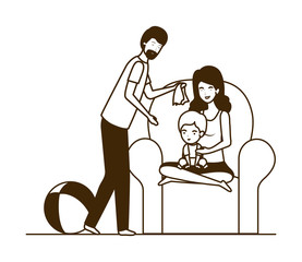 parents couple with little baby in the sofa characters