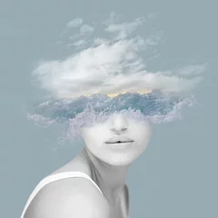 Photo sur Plexiglas Pour elle Belle femme avec vague, eau, océan et nuages, double exposition, superposition, collage abstrait peut être utilisé comme arrière-plan