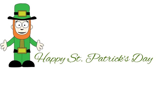 Happy St. Patrick’s Day animated greeting with leprechaun on white.