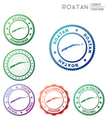 Roatan badge. Colorful polygonal island symbol. Multicolored geometric Roatan logos set. Vector illustration.