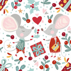 Fototapeta premium Seamless vector pattern with cute cartoon mice in scandinavian style. Flat rat mouce couple in love. Ornate illustration for New Year 2020.
