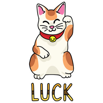 Cute luck maneki neko vector. Hand drawn calico lucky cat Japanese clipart. 