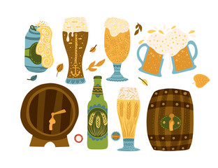 Beer festival vector illustration. Oktoberfest clip art ornate colour collection in a flat style. Beer glasses, barrel and bottle.
