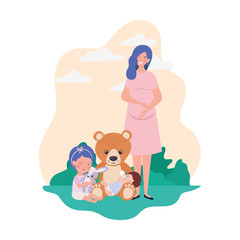 cute pregnancy mother with little kids in the camp