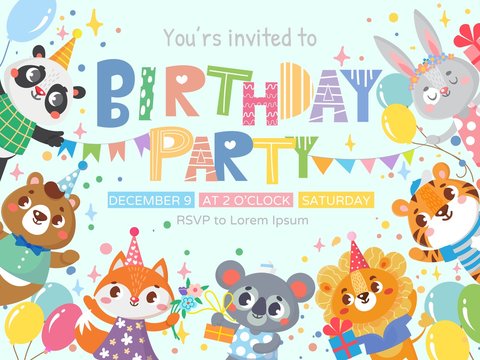 Kids invitation with cute animals.Birthday party. Greeting card template. Vector illustration 