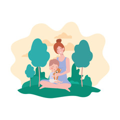 cute pregnancy mother seated with little boy in the camp