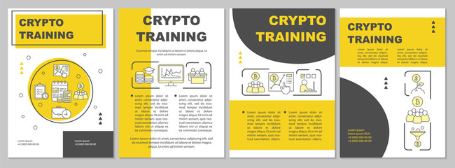 Crypto training brochure template layout. Cryptocurrency trading course. Flyer, booklet, leaflet print design with illustrations. Vector page modern layouts for magazines, reports, advertising posters