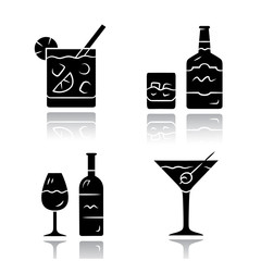 Drinks drop shadow black glyph icons set. Cocktail in lowball glass, whiskey, wine, martini. Alcoholic beverages for party. Refreshment drinks and mixes. Isolated vector illustrations
