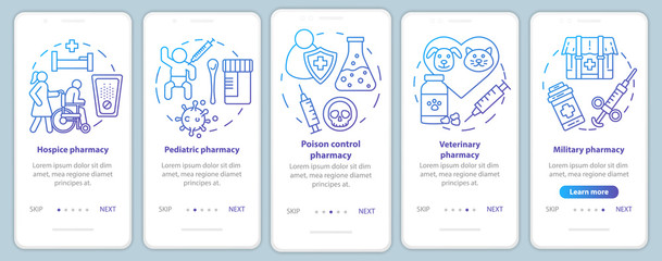 Pharmacy branchase onboarding mobile app page screen vector template. Hospice and pediatric medication. Walkthrough website steps with linear illustrations. UX, UI, GUI smartphone interface concept