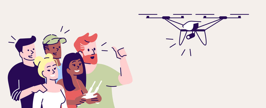 Selfie flat vector illustration. Happy people shooting with drone. Capturing bright moments. Group of friends taking self photo with quadcopter isolated cartoon character on grey background