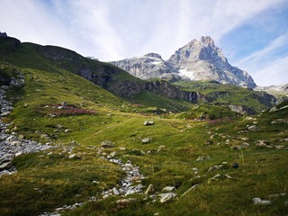 Landscape in the mountains -  Monte Cervino - Matterhorn mountains , Rifugio Duca degli Abruzzi L`Orionde, in Breuil-Cervinia, Italy