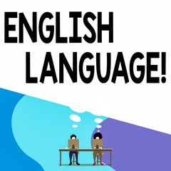 Conceptual hand writing showing English Language. Concept meaning third spoken native lang in world after Chinese and Spanish Man with purple trousers sit on chair fellow near computer table
