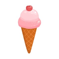 Ice cream cone. Pink cream color with red cherry, tasty waffle