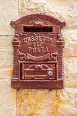 Italy, Apulia, Metropolitan City of Bari, Molfetta. Postal box. Italian translates to "box for post" or "mailbox".