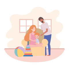 Obraz premium parents couple with little baby in the sofa characters