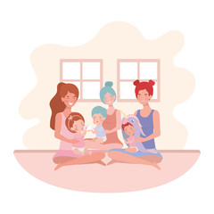 cute pregnancy mothers seated lifting babies in the room